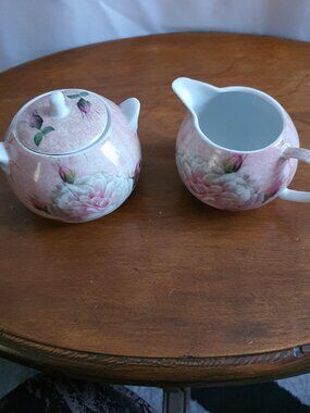 Baum Antique Rose Porcelain Creamer and Covered Sugar Bowl